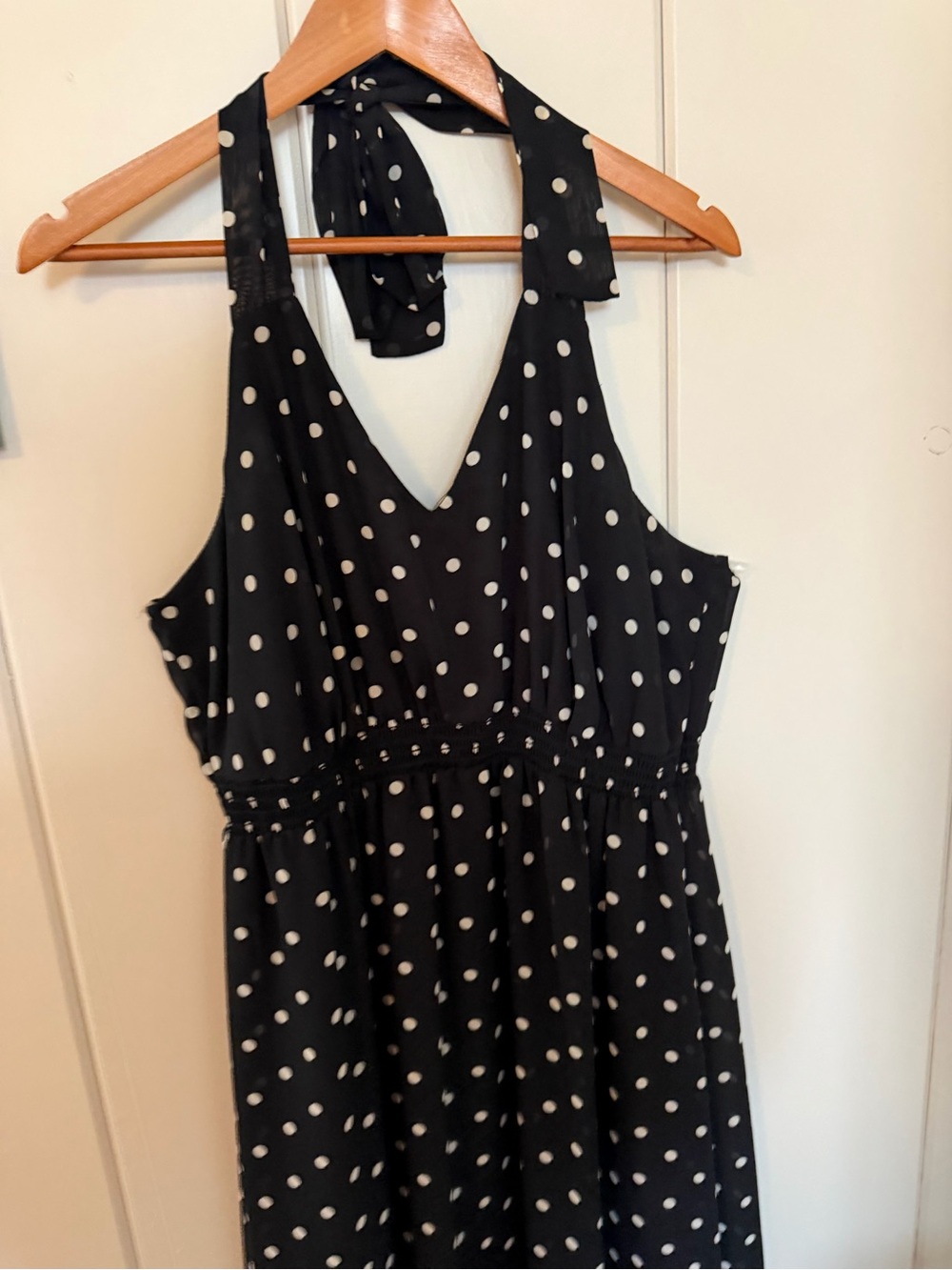 Avenue Women’s 18 Black White Polka Dot Halter Maxi Dress Open Back Made USA